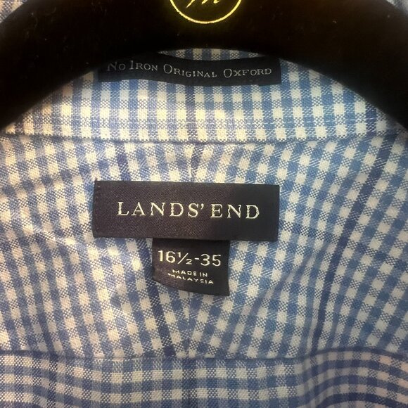 Baumwolle Cotton Classic Blue Plaid Button Down // Lands' End Men's Size L - Picture 3 of 9